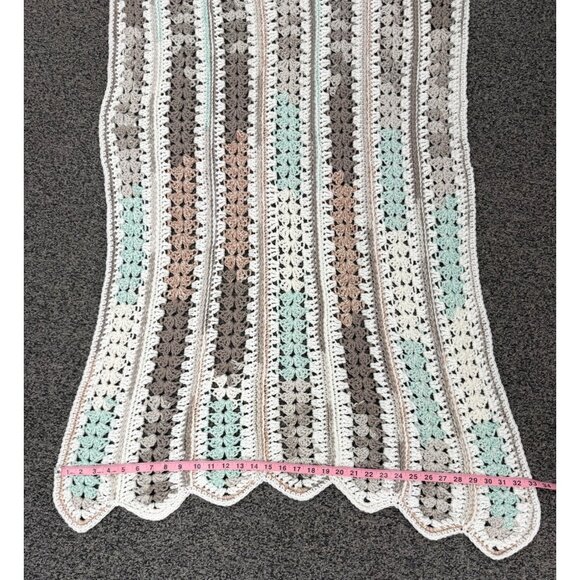 Handmade Crochet Striped Baby Blanket With Pastel Green/Mint/White/Brown/Pink - Picture 4 of 4